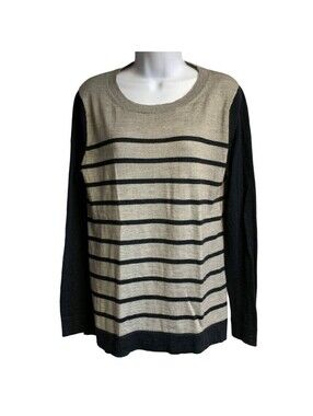 MNG Casual Sweater Women Large Black Tan Striped Long Sleeve Crewneck Knit Top